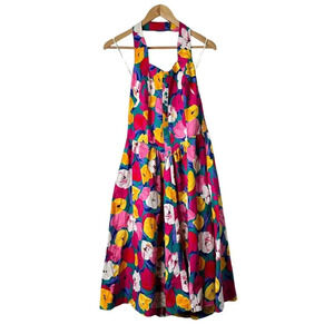 Rare Vtg PAQUETTE TOO Halter Dress Sz 8 Midi Floral Smocked Rockabilly 80s 90s